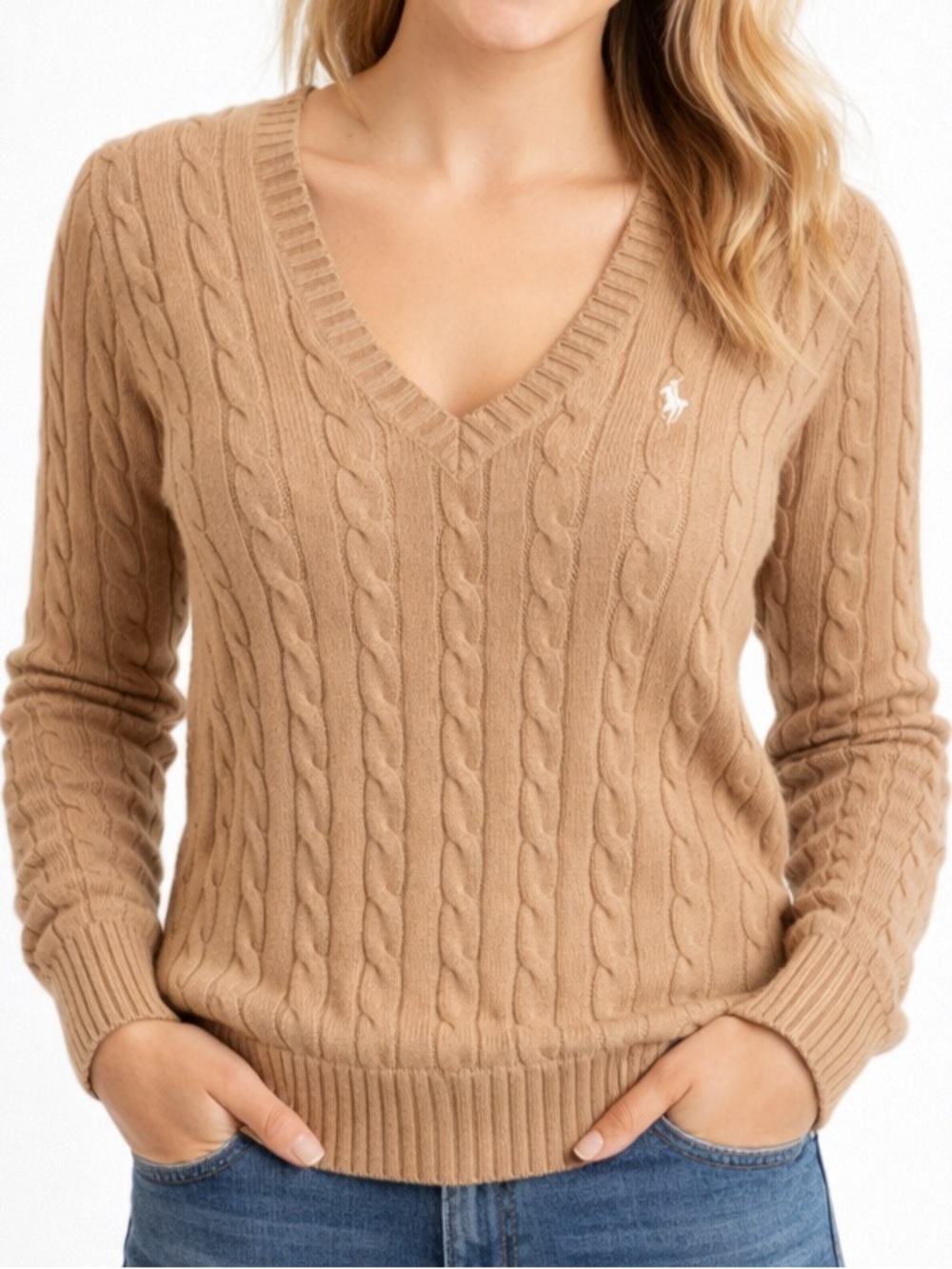 Polo Ralph Lauren Cable Knit V-Neck Sweater in Camel Size Small